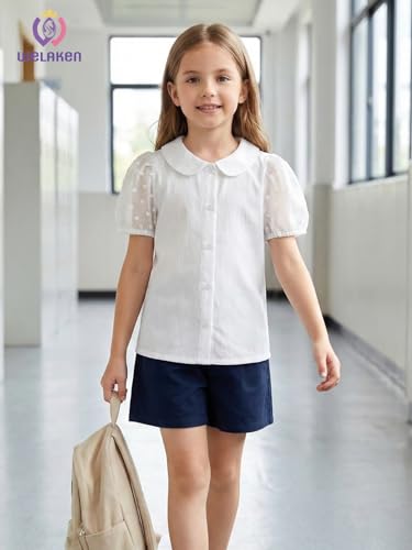 Image of Girls Button Down Blouse with Peter Pan Collar - Classic Short-Sleeve Kids Shirt Top