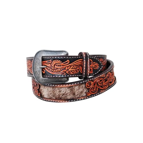 Circle Y Youth' Hair on Hide 1 1/4" Wide Durable Leather Cowhide Underlay Casual Belt w/Etched Buckle & Floral Hand Tooling, 20"
