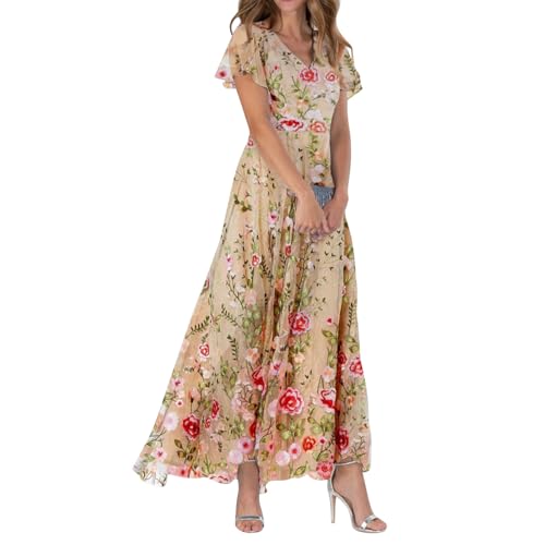 Sommerkleid Damen Lang Chiffon Geblümt Maxikleid Elegant Italienische Kleider Maxi A Linie Sommerkleider Leicht Und Luftig Chiffonkleid Frauen Sommer...