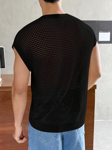 Verdusa Men's Hollow Out Round Neck Sweater Cap Sleeve Casual Knit Top2