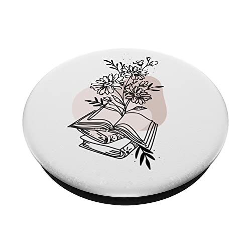 Floral Book & Bloom Bookish Lover Minimalist Line Art Floral PopSockets Adhesive PopGrip, Black - Image 2