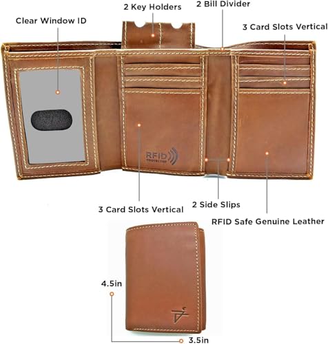 RFID Safe Men's Trifold Genuine Leather Wallet - Slim, Stylish, and Durable Design with Multiple Card Slots (J132TF Tan)2