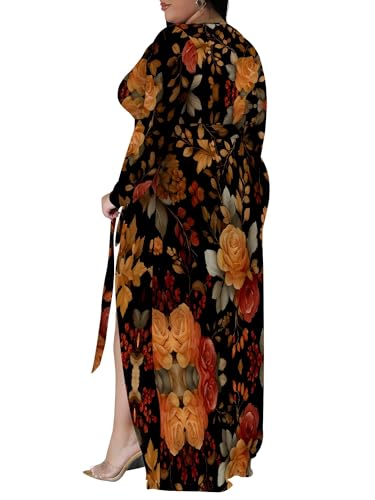 Image of PinkPatty Women's Plus Size Long Sleeve Maxi Dress Casual V Neck Slit Tie Waist Wrap Dresses for Party Cocktail
