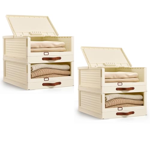 BTGGG NEW Wardrobe Storage Organiser, 4 Pack Large Stackable Storage Drawers Shelves, Plastic Storage Boxes with 1 Flip Lid, Easy Pull Out Drawer Closet Organisers for Bedroom Laundry Room
