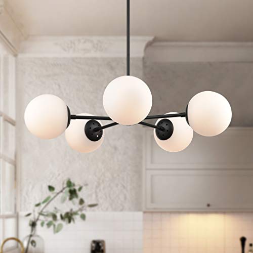 Light Society Grammercy 5-Light Chandelier Pendant, Black With Frost White Glass Globes, Classic Mid Century Modern Lighting Fixture (Ls-C228-Bk-Wh) #TOP4