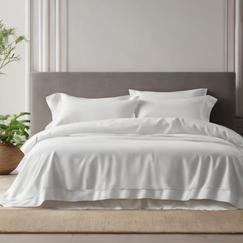 Image of Egyptian Cotton Feel King Size Flat Bedsheet with 2 Pillow Covers | 1000 TC Soft & Breathable | White Solid Pattern for Bedrooms and Hotels Use (Size: 102 x 108 Inch)