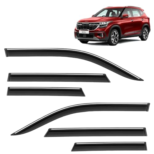 Image of Seltos Side Door Visor Car Rain Guard Compatible with Kia Seltos (Year 2025 Onwards) All Model - Chrome Lined Rear Window Wind Deflectors, Polycarbonate, Smoke, Set of 6 Pcs