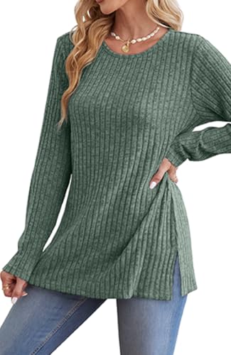 Image of Jescakoo Long Sleeve Shirts for Women Crew Neck Fall Tops Side Split Lightweight Tunic Sweaters Fashion Clothes 2025 S-4XL