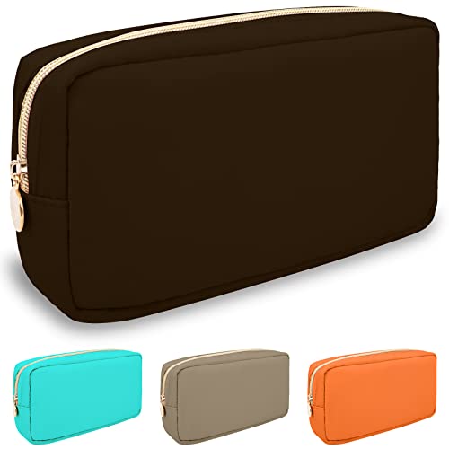 Nylon Small Makeup Bag for Purse, Cute Preppy Makeup Bag Cosmetic Zipper Pouch Purse, Waterproof Portable Travel Toiletry Bag Clutch Make Up Brush Bag Organizer Storage for Women Men Girls(Brown)