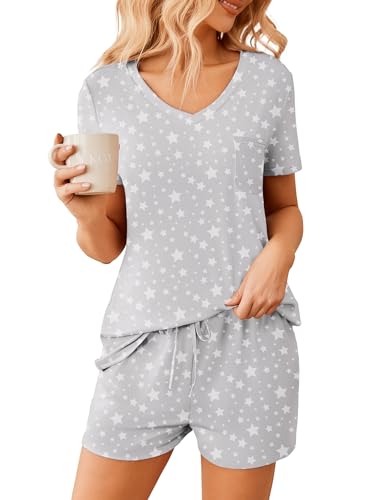 Image of Ekouaer Womens Pajama Sets Short Sleeve Pajamas for Women Sets Soft Lounge Sets Casual V Neck Sleepwear PJS