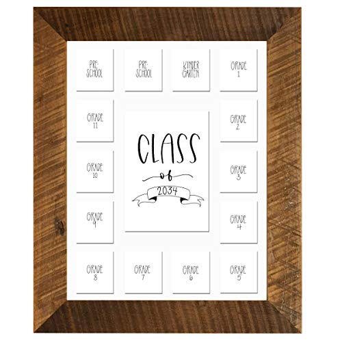 Image of Rustic Red Door Co. School Years Reclaimed Wood Picture Frame with Mat - 11x14 Wooden Framed 15 Photo Collage Mat Pre-School & Kindergarten to 12th Grade (Class of 2034, White)