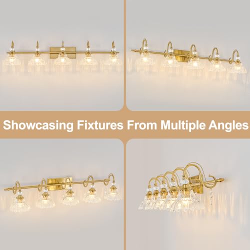 Image of Vintage Bathroom Vanity Light, 5-Light Brushed Gold Finish Wall Sconce with Hanging Crystal Accents and Flower-Shaped Clear Glass Shades, Retro Wall Mount Vanity Light Over Mirror for Bathroom