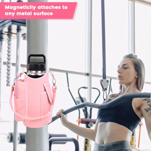 Image of icolor Gym Magnetic Bag Water Bottle Holder Gym Bottle Carrier Bag with Phone Pockets & Handle Shoulder Strap Gym Accessories Organizer for Women,5 Built-in Magnets Gym Bag Pouch Sleeve (Pink)