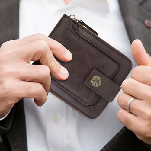 Image of Men Wallet, Vintage PU Leather Multi-Card Zipper Wallet with 8 Card Slots and Coin Pocket Large Capacity Buckle Credit Card Holder Wallet with Zipper (A, Dark Brown)
