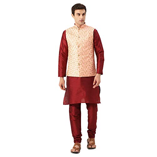 Image of SOJANYA (Since 1958 Men's Cotton Linen Maroon Kurta and White Pyjama with Mustard Cotton Nehru Jacket