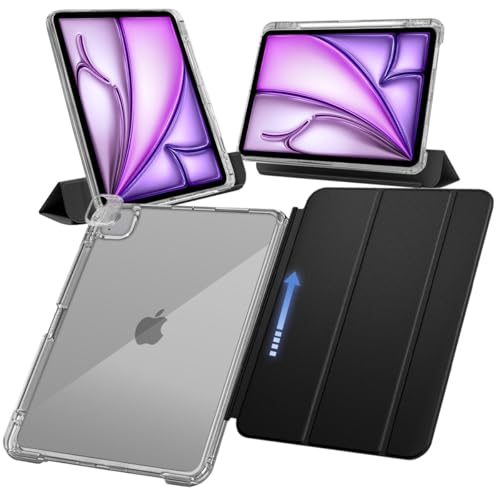 MS factory iPad Air 13インチ ケース M3 M2 用 Pro 12.9 第6/5世代 対応 ペン収納 取り外し可能 軽量 耐衝撃 カバー 縦置き/横置きスタンド アイパッドエアー13インチ 2025 2024 Pro 12.9インチ 第6世代 第5世代 ソフトフレーム 背面透明 リッチブラック 黒 IPDA13m2-SLDPEN-BK