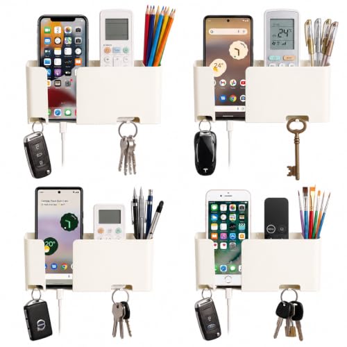 Image of Mobile & Remote Wall Holder | ABS Wall Mount Stand with 3 Compartments for Phone, Remotes & Pens | 2 Key Hooks | No-Drill Mount with Strong Double-Sided Sticker (Milky White) (Pack of 4)