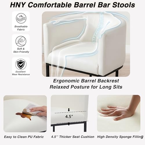 Image of HNY White Modern Barrel Counter Height Clearance Bar Stools Set of 2, 24 Inch PU Leather Kitchen Barstools with Back for Island, with Black Metal Tubular Frame