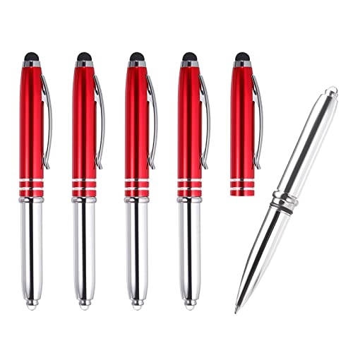 Image of PATIKIL Ballpoint Pen with Stylus Tip and LED Flashlight, 5 Pack 3 in 1 Metal Pen Black Ink 1.0mm Medium Point Stylus Pen for Touch Screens, Red