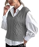 Pullunder damski sweter bez rękawów, dekolt w serek, dzianinowa kamizelka, szary, S
