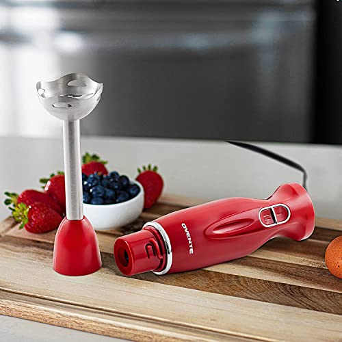 Ovente Electric Immersion Hand Blender 300 Watt 2 Mixing Speed With Stainless Steel Blades, Powerful Portable Easy Control Grip Stick Mixer Perfect For Smoothies, Puree Baby Food & Soup, Red Hs560R #TOP6