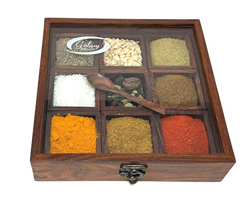 Galaxy Indiacraft Masala Dabba Boîte à épices multifonction en bois avec cuillère en bois 9 compartiments Cover