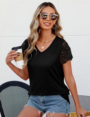 Desol Womens Summer Lace Tops Trendy 2025 Short Sleeve Tshirts Shirts Business Casual V Neck Blouses Summer Clothes4