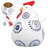 17oz Ceramic Salt Cellar with Lid and Spoon,Large Chicken Rooster Cookie Jar Salt Containers Holder for Countertop Spices,Cute Farmhouse Kitchen Decor,Spice Jar for Coffee,Sugar,Spices,Candies (#D)