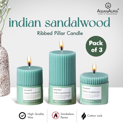 Image of ASIAN AURA Ribbed Pillar Candles - Pack of 3 | Scented Candles for Home Decor, Gifting & Festive Use | Long Burn time up to 36hrs | Clean-Burning Wax & Smokeless Flame (Indian Sandalwood)