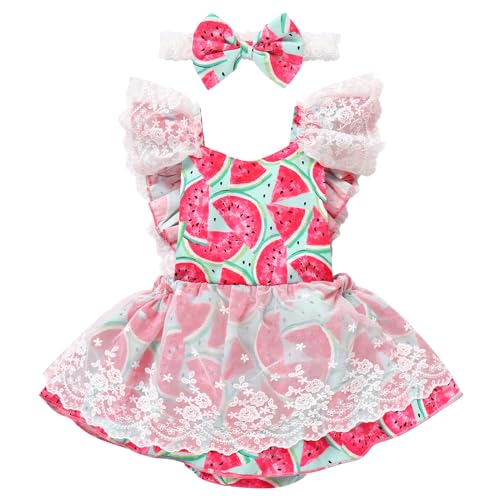 ODASDO Baby Girls Floral Lace Strawberry/Watermelon/Ice Cream Print Ruffle Romper Dress with Bowknot Headband Set