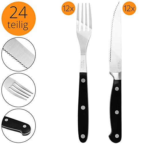 Foto von DEUBA® 24 tlg Steakbesteck Set mit Wellenschliff Edelstahl rostfrei Steakmesser spülmaschinengeeignet mit Box 12 Personen