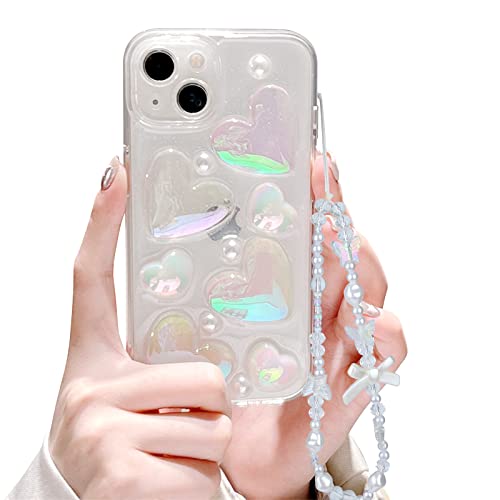 Fycyko Compatible For Iphone 13 Case With 3D Holographic Heart Clear Design Aesthetic Women Teen Girls Glitter Crystal Cute Pearl Girly Phone Cases Protective Cover+Pearl Chain-Clear #TOP20