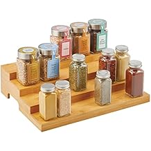 mDesign Bamboo Spice and Food Kitchen Cabinet Pantry Shelf Organizer - 4 -Tier Storage - Modern Compact Caddy Rack - Holds Spices / Herb Bottles، Jars - for Shelves، Cupboards، Refrigerator - Clear