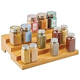 mDesign Bamboo Spice and Food Kitchen Cabinet Pantry Shelf Organizer - 4-Tier Storage - Modern Compact Caddy Rack - Holds Spices/Herb Bottles, Jars - for Shelves, Cupboards, Refrigerator - Clear
