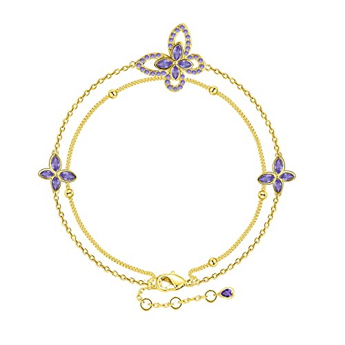 G&GEMSJEW Purple Butterfly Bracelet for Women Teen Girls Dainty Gold Link Bracelet, Women Cubic Zirconia CZ Bridal Butterfly Adjustable Bracelet 14K Gold Plated, Gold Jewelry Gift for Her