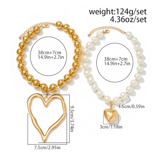 Layered Y2k Large Chunky Gold Heart Beaded Choker Necklace for Women Trendy, Statement Oversized Silver Hollow Love Heart Drop Necklaces Jewelry Gift2