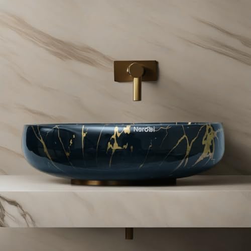 Image of Designer Counter Top Wash Basin | Tabletop Ceramic Bathroom Sink | Wash Basin Over Counter | Wash Basin For Bathroom, Living Room (24 x 15 x 6 Inch) (Black Gold Jelly)