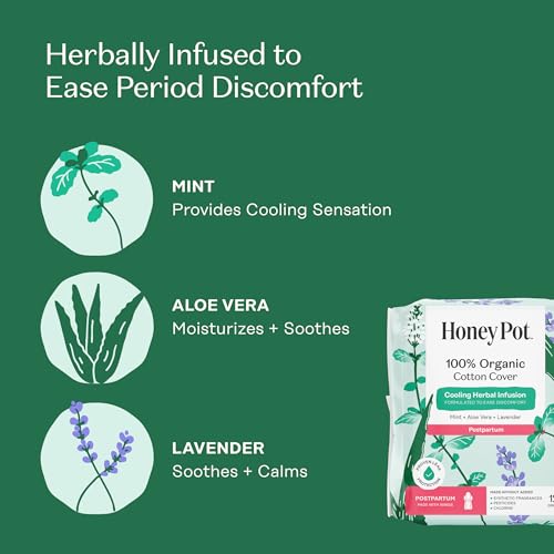 Image of The Honey Pot Company - Herbal Postpartum Pads w /Wings - Infused w /Essential Oils for Cooling Effect, Organic Cotton Cover, & Ultra-Absorbent - Feminine Care - 12ct