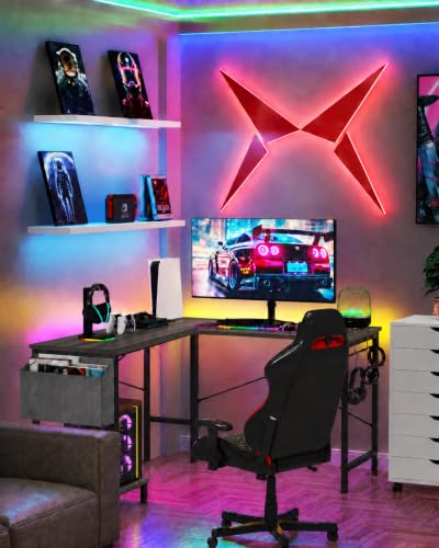 Image of Simple Deluxe L-Shaped Corner Desk with PC Stand, Storage Bag & Hooks - Reversible, Sturdy Steel Frame, Waterproof Top, 4 Colors (Grey)