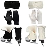 Regilt 2 Sets Figure Skating Leg Warmers Gloves Headband Set Zipper Fleece Lined Leg Warmers Socks for Ice Skating (Black&White-Short)
