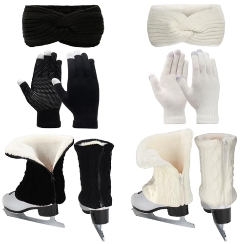 Regilt 2 Sets Figure Skating Leg Warmers Gloves Headband Set Zipper Fleece Lined Leg Warmers Socks for Ice Skating (Black&White-Short)