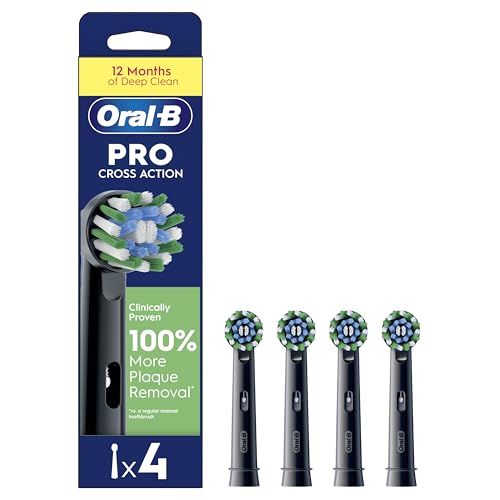 Oral-B Pro Cross Action Electric Toothbrush Head, Electric Toothbrush Heads, X-Shape and Angled Bristles for Deeper Plaque Removal, Pack of 4 Toothbrush Heads, Black, Replacement Heads