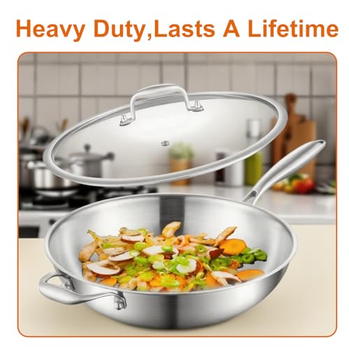 DELARLO Tri-Ply Stainless Steel Wok, 12 Inch Cooking Wok Pan with Lid, with Side Ear, Wide & Deep Cookware Stir-Fry Pans, Dishwasher and Oven Safe Up to 600°F, Works on Induction by DELARLO - Image 6