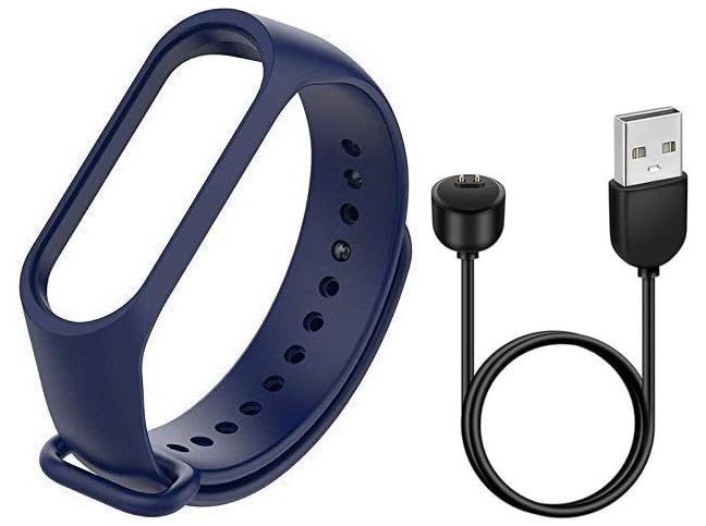 TechMount New Combo Pack of Silicone Watch Band Strap With Magnetic USB Charging Cable Adapter Compatible With Mi Band 5 Strap Charger Combo Pack Of 2 (NAVY BLUE)