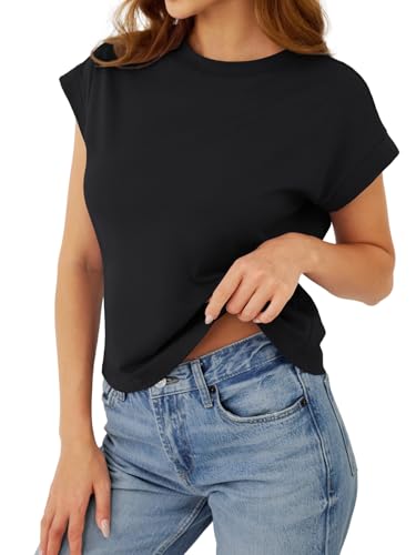 GKBK Cotton Cap Sleeve Womens Tops Crop High Neck Short Sleeve Summer Cute Casual Shirts Boxy Spring Clothing Outfits - image 3