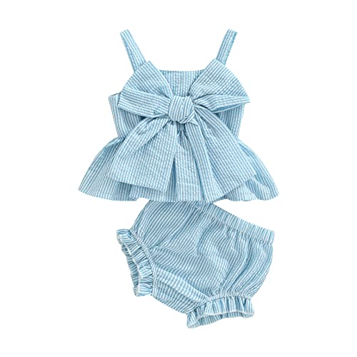 2Pcs Newborn Infant Baby Girl Summer Clothes Striped Ruffle Sleeveless Bowknot Top Bloomer Shorts Set Cotton Linen Outfit (Blue, 3-6 Months)