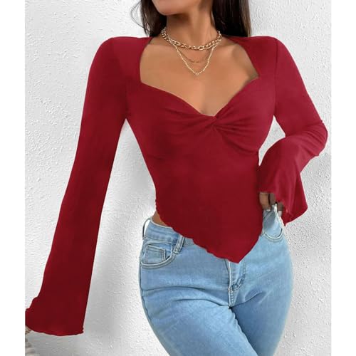 Blusa de Manga Comprida Com Decote Em V, Bainha Irregular, Adequada para a Pele, Feminina, Decote Em