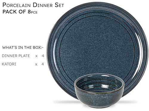 Image of Bodhi House Handcrafted Chip Resistance Porcelain Dinner Set, 8 Pieces Serving for 4, Microwave and Dishwasher Safe, Bone-ash Free, Crockery Set for Dining and Gifting, Sapphire Blue