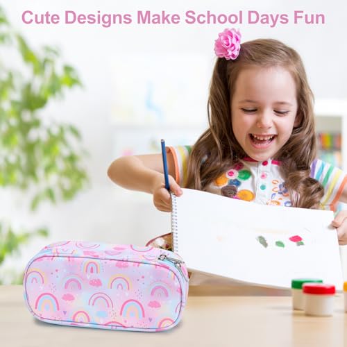 Image of Cute Kids Pencil Case - Girls Pen Pouch Large School Organizer | Pen Bag & Smooth Zipper, Multi-Slot Storage, Mesh Pocket, 900D Water Resistent, Giftable School Supplies, Purple Rainbow