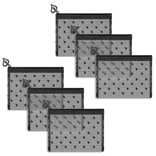 Fassave 6 Pack Mini Zipper Mesh Makeup Bags, Heart Print Nylon Cosmetic Bags Toiletry Bags for Office Travel Organization (Black, XS)